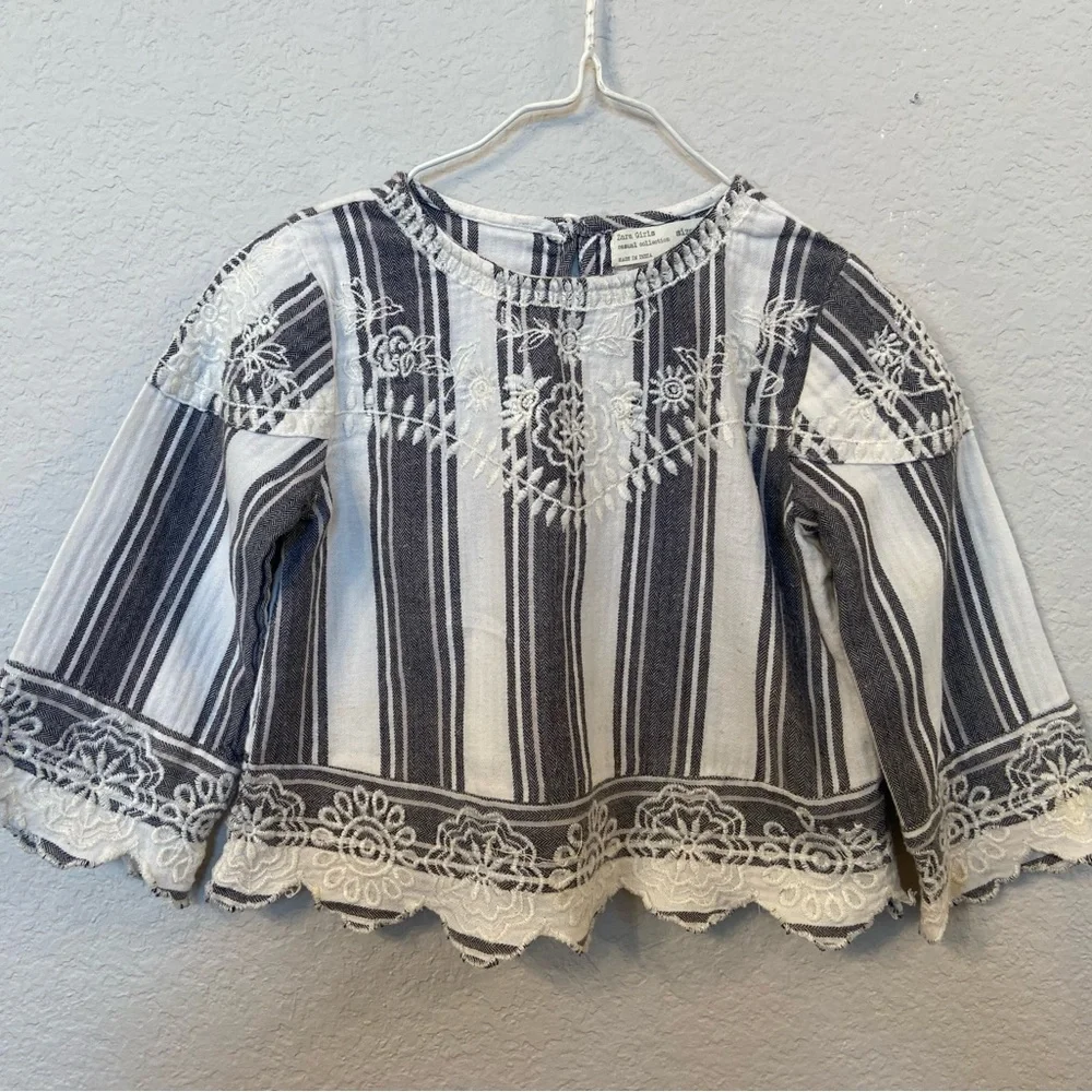Zara Girls long sleeve white and grey embroidered boho blouse stripes Size 5 - Picture 1 of 8
